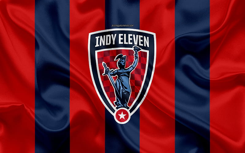 Indy Eleven American football club, logo, red blue flag, emblem, USL Championship, Indianapolis, Indiana, USA, USL, silk texture, soccer, United Soccer League, HD wallpaper