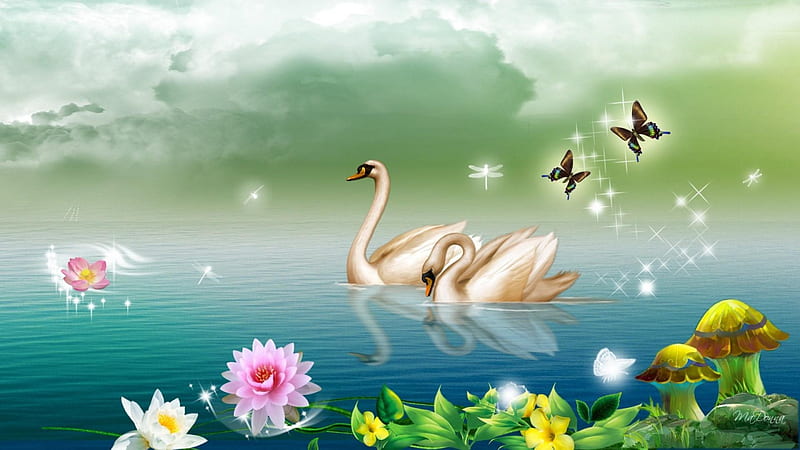 Swan Lake, pretty, wonderful, cg, sparks, sweet, floral, nice, fantasy, gold, butterfly, love, beauty, swimming, reflection, realistic, lovely, romance, golden, water, shining, great, lotus, float, glow, mushroom, bonito, swan, animal, blossom, duck, good, dragonfly, light, gorgeous, romantic, glowing, water lily, lake, pond, swim, flower, petals, HD wallpaper