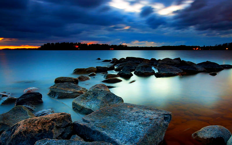 ROCKY SHORE, stones, lake, night, lights, HD wallpaper