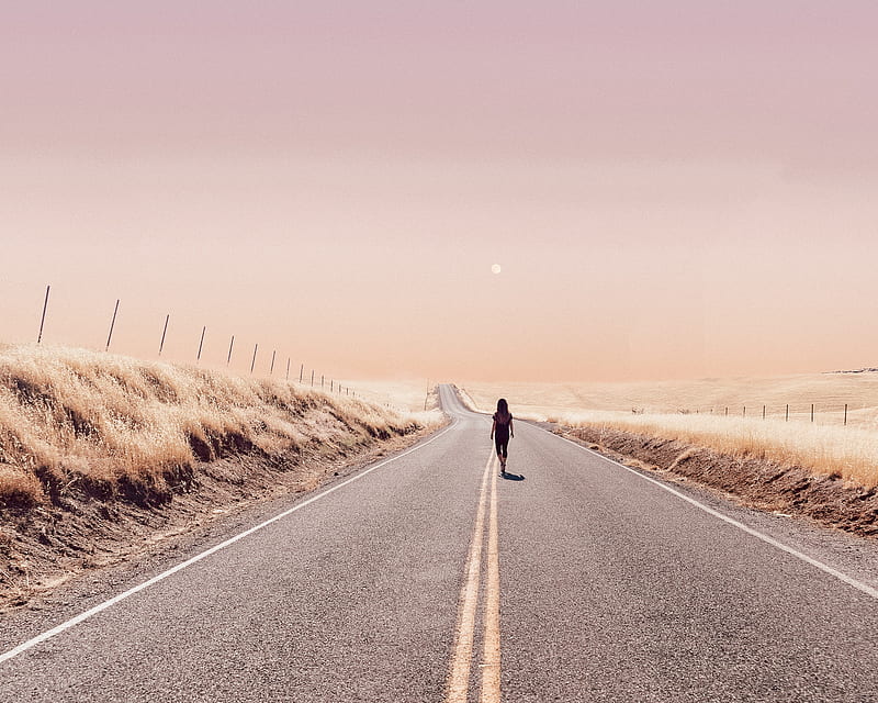 Girl Walking Alone On Desert Road, girls, graphy, desert, road, HD wallpaper