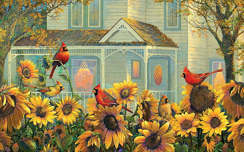Quintett, house, sunflowers, cardinals, painting, birds, artwork, HD wallpaper
