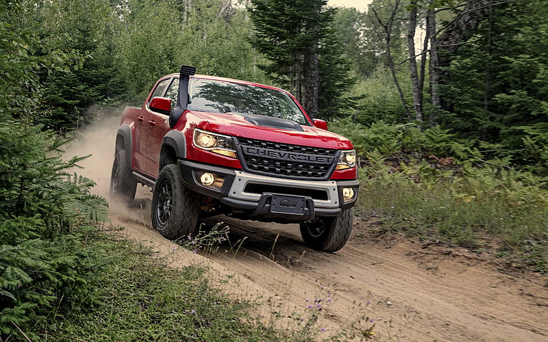 Chevrolet Colorado, ZR2 Bison, 2019 red SUV, exterior, forest, USA, American cars, Chevy Colorado, Chevrolet, HD wallpaper