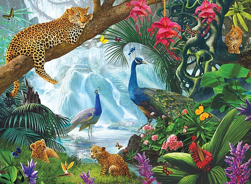 Peacock, fantasy, bird, paun, jungle, pasari, flower, jaguar, HD wallpaper