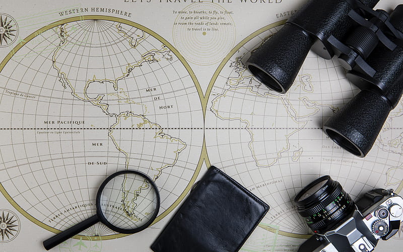 World map, binoculars, travel concepts, retro world map, continents, Earth map, HD wallpaper