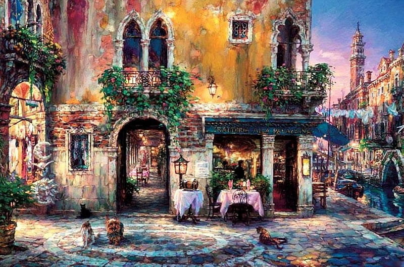 Venice, table, house, canal, artwork, restaurant, bridge, painting, chair, cats, dogs, HD wallpaper