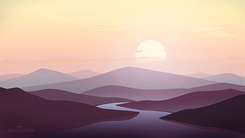 flat landscape, sunset, river, mountain silhouette, artwork, scenery, Landscape, HD wallpaper