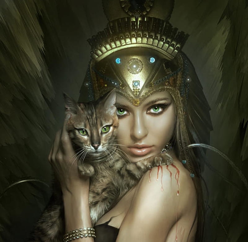 Cat eyes, fantasy, luminos, girl, queen, eyes, pisici, cat, elenadudina, golden, jewel, HD wallpaper