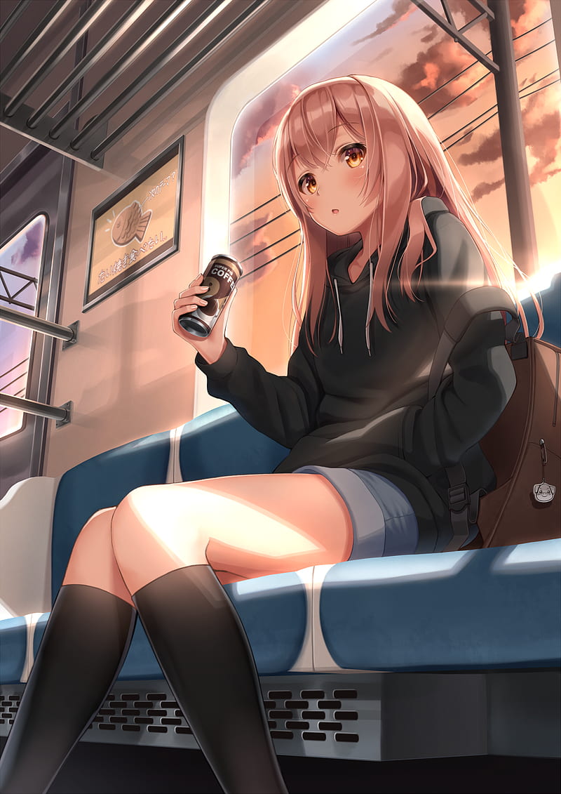 metro, backpacks, yellow eyes, blush, open mouth, looking at viewer, socks, long hair, sky, shorts, low-angle, sitting, legs, superpig (wlstjqdla), HD phone wallpaper