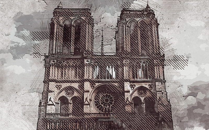 Notre-Dame de Paris, creative art, Catholic cathedral, Paris, France, grunge art, facade, HD wallpaper