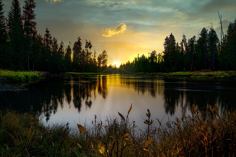 dusk, lake, reflection, trees, scenery, clouds, Nature, HD wallpaper