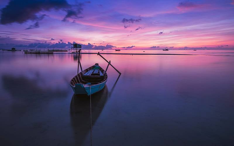 boat, lake, purple dawn, landscape, HD wallpaper