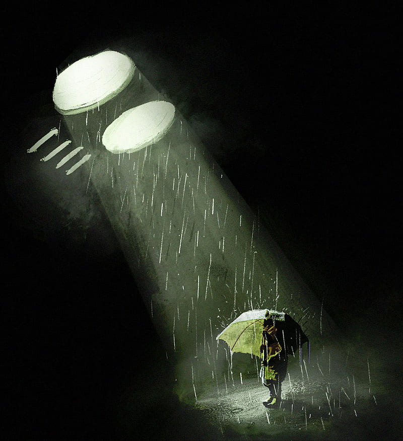 silhouette, umbrella, rain, light, beam, art, HD phone wallpaper