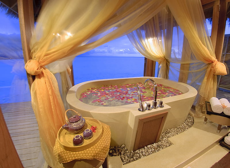 Romance In Maldives, resort, romance, ocean, curtains, towels, hot tub, teapot, maldives, flowers, cups, luxury, HD wallpaper
