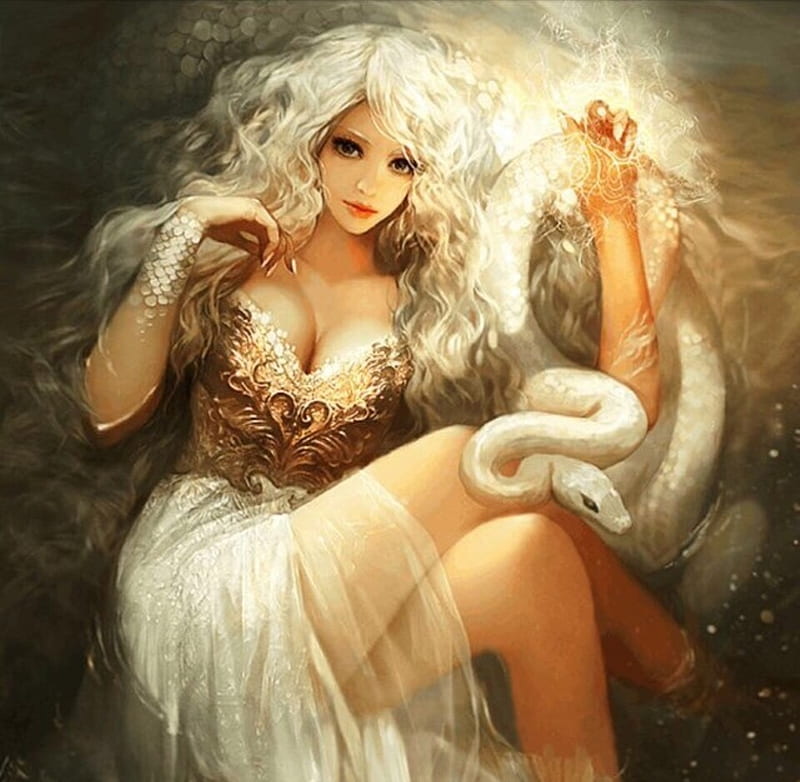 Snakes, pretty, fantasy woman, dress, white hair, bonito, woman, animal,  sweet, HD wallpaper | Peakpx