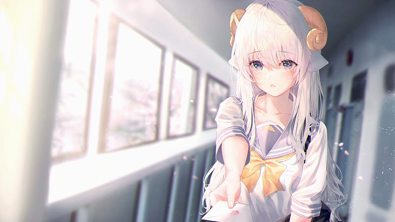 horns, beautiful anime girl, white hair, love letter, school uniform, Anime, HD wallpaper