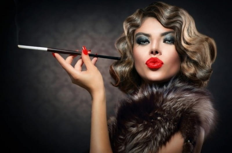 Woman with a cigar, hair-style, makeup, cigarettes, retro style, lips, classic, woman, kiss, HD wallpaper
