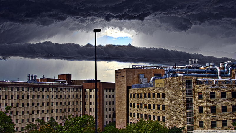 summer storm r, storm, factory, clouds, buildings, HD wallpaper