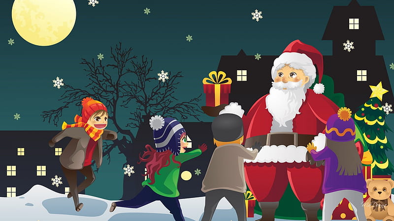 Children Greeting Santa, feliz navidad, father christmas, saint nicholas, christmas, children, st nick, smiles, sky, santa claus, happy, tree, moon, village, teddy beark, gifts, celebrate, HD wallpaper