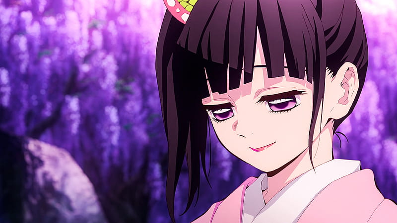 Demon Slayer Kimetsu no Yaiba With Purple Eyes And Pink Dress With Background Of Shallow Purple Trees Anime, HD wallpaper