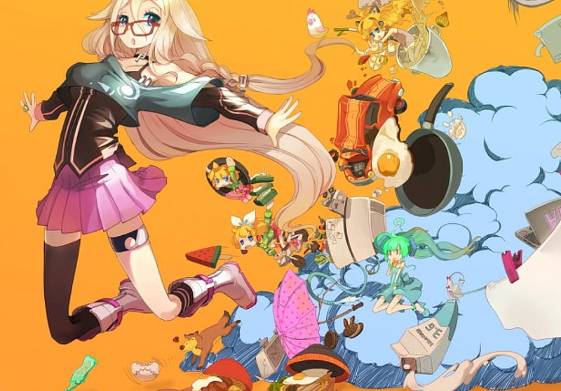 Oh Snap!!, vocaloid, colorful, len, hatsune miku, food, objects, umbrella, IA, bowls, egg, rin, anime, flying, car, cup, pan, HD wallpaper