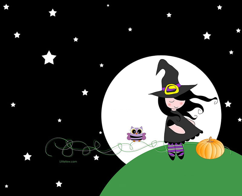 Little witch, october 31, witch, moon, halloween, HD wallpaper