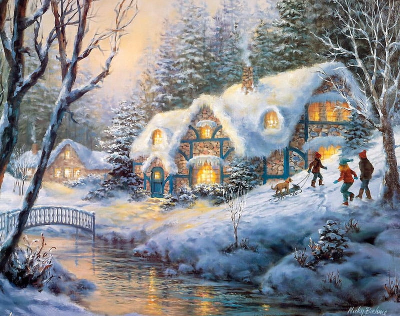 Winter Frolic, river, house, snow, winter, HD wallpaper