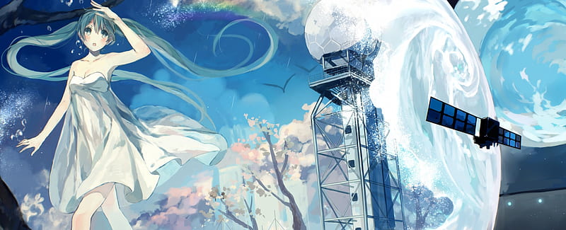 ~Hatsune Miku~, vocaloid, dress, planet, hatsune miku, space, anime, rainbow, HD wallpaper