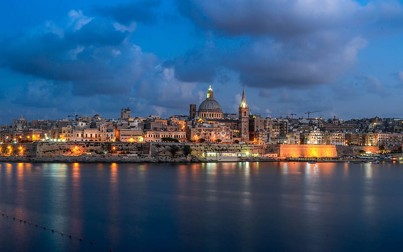 Valletta, evening, sunset, coast, Valletta cityscape, old town, Mediterranean, Malta, HD wallpaper