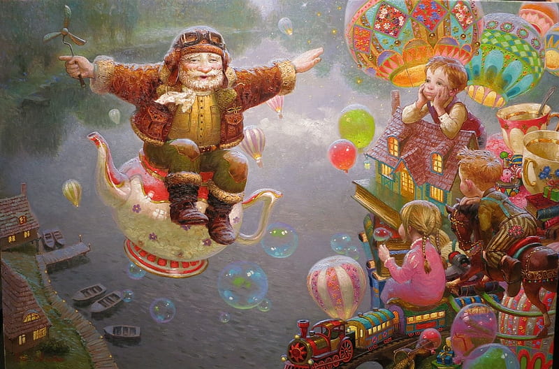Grandfather's tales, art, luminos, man, teapot, fantasy, green, painting, copil, child, pictura, pink, childhood, victor nizovtsev, grandfather, HD wallpaper