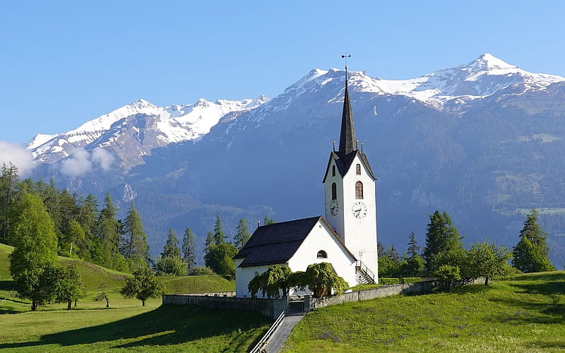 Church in Switzerland, Switzerland, church, landscape, mountains, clock, HD wallpaper