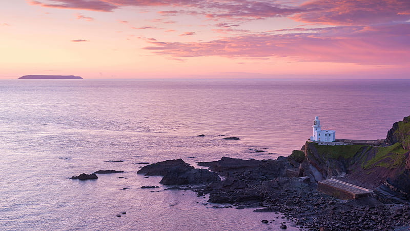 Hartland Point, Lighthouse, Lundy Island, North Devon, sunset, water, ocean, HD wallpaper