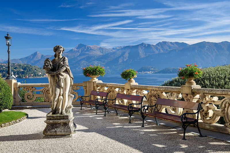 Man Made, Statue, Bench, Italy, Lake Como, Villa Balbianello, HD wallpaper