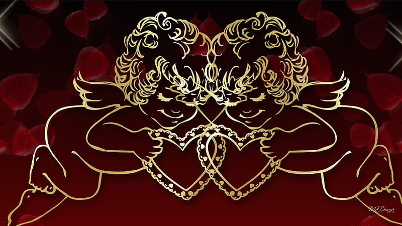 Gold Cupids, lovers, valentines day, red, love, black, cherubs, corazones, HD wallpaper