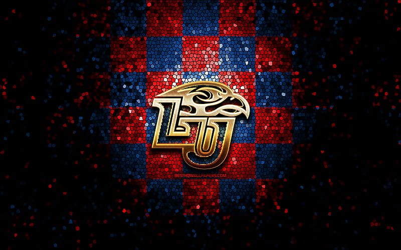 Liberty Flames, glitter logo, NCAA, red blue checkered background, USA, american football team, Liberty Flames logo, mosaic art, american football, America, HD wallpaper