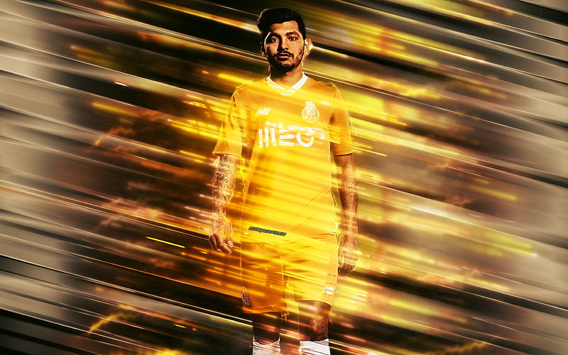 Jesus Corona creative art, blades style, Porto FC, Mexican footballer, Portugal, orange background, lines art, football, HD wallpaper