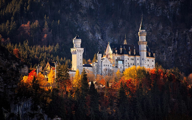 Neuschwanstein Castle, ancient castle, sunset, autumn, mountains, yellow trees, autumn landscape, Bavaria, Germany, HD wallpaper