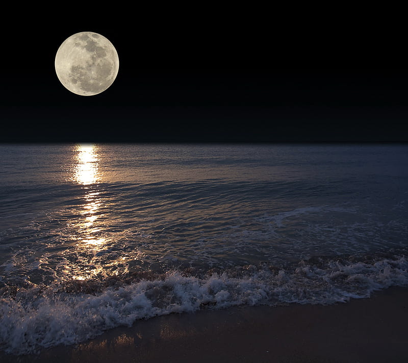 Moon, beach, black, night, sea, waves, HD wallpaper