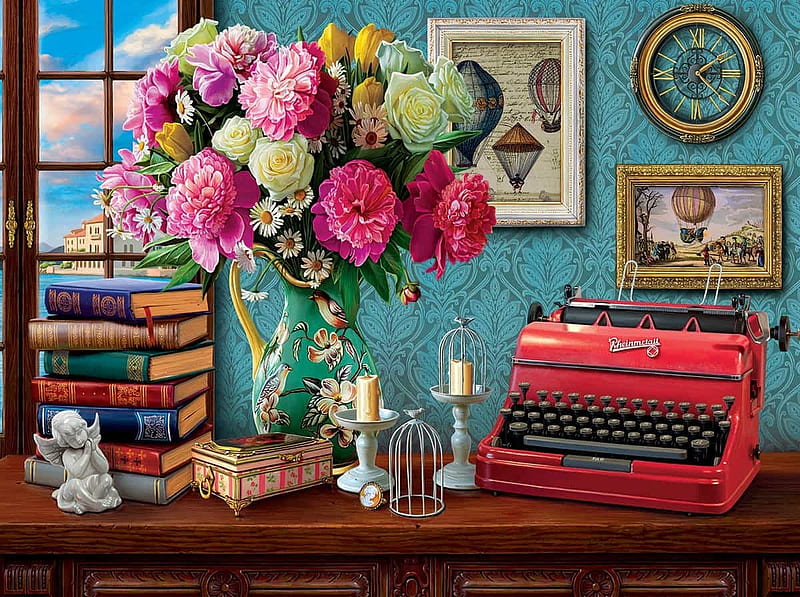Writer's paradise, art, paradise, rose, bouquet, painting, flower, room, pictura, red, HD wallpaper