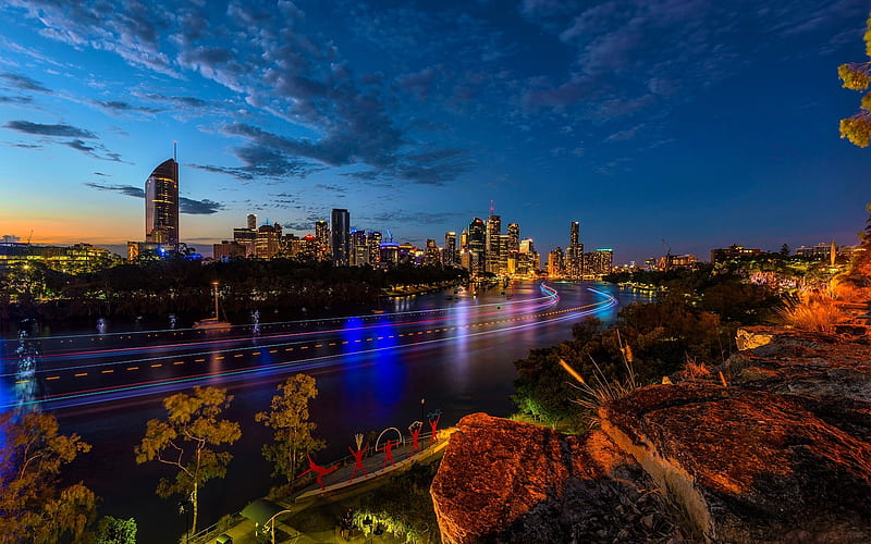 Brisbane, evening, river, skyscrapers, city lights, Queensland, Australia, HD wallpaper