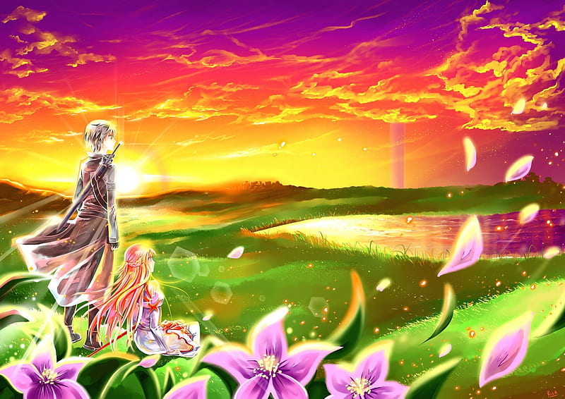 SAO: Sunset, scenic, sun, grass, sunset, kirito, anime, anime girl, scenery, light, yuuki, female, cloud, male, sword art online, sky, petal, boy, girl, flower, asuna, scene, field, HD wallpaper