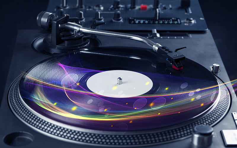 DJ control panel, vinyl records, purple abstract wave, DJ, HD wallpaper