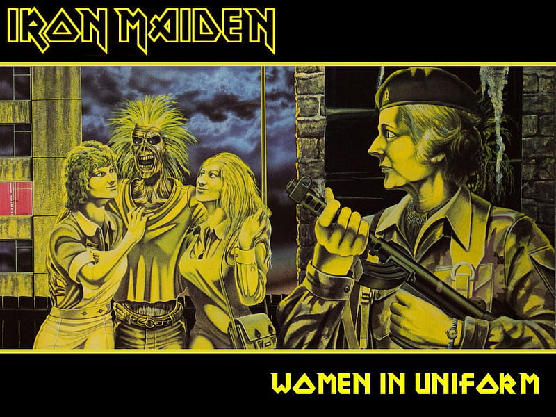 Iron Maiden - Women in Uniform, music, band, woman, metal, iron maiden, logo, uniform, heavy, iron, eddie, maiden, HD wallpaper