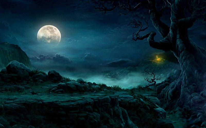 Night, Moon, Forest, Scenery, Digital Art, 8K, click image for HD Mobile  and Desktop wallpaper (7680x43…