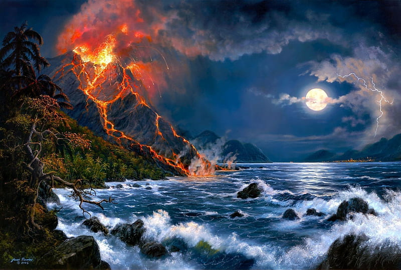 Volcano, fire, moon, waves, clouds, artwork, sea, HD wallpaper