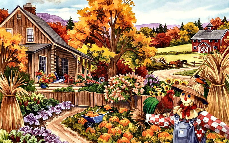 Living in the Country F2, architecture, rooster, fall, planting, art, autumn, bonito, scarecrow, artwork, farm, painting, wide screen, flowers, scenery, crops, landscape, HD wallpaper