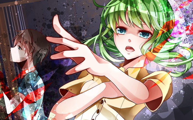 Gumi, green hair, Megpoid, manga, art, Vocaloid, HD wallpaper