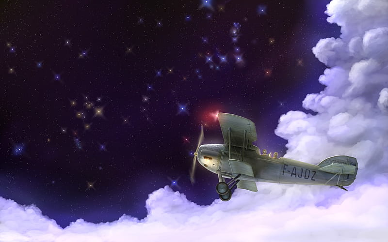 Starlit Flight, bi-plane, art, sky, clouds, plane, antique, drawing, painting, biplane, classic, night, HD wallpaper