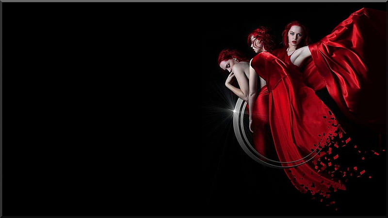 Three Redheads, red, redhead, ginger, red head, bonito, woman, women, fantasy, beauty, gorgeous, female, lovely, three, black, red hair, goth, girl, lady, HD wallpaper
