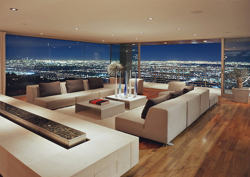 Nice view of California, california, modern decoration, big glass windows, living room, night, HD wallpaper