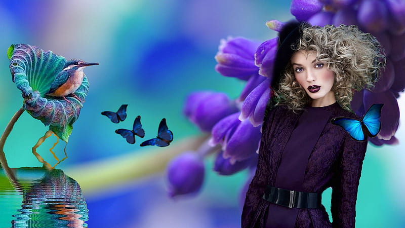 Dramatic Purple Splendor by Jose Herrera, pretty, stunning, bold, breathtaking, bonito, woman, women, green, feminine, gorgeous, blue, daring, Jose Herrera, female, lovely, model, high fashion model, black, butterflies, girl, purple, bird, flower, designer, HD wallpaper